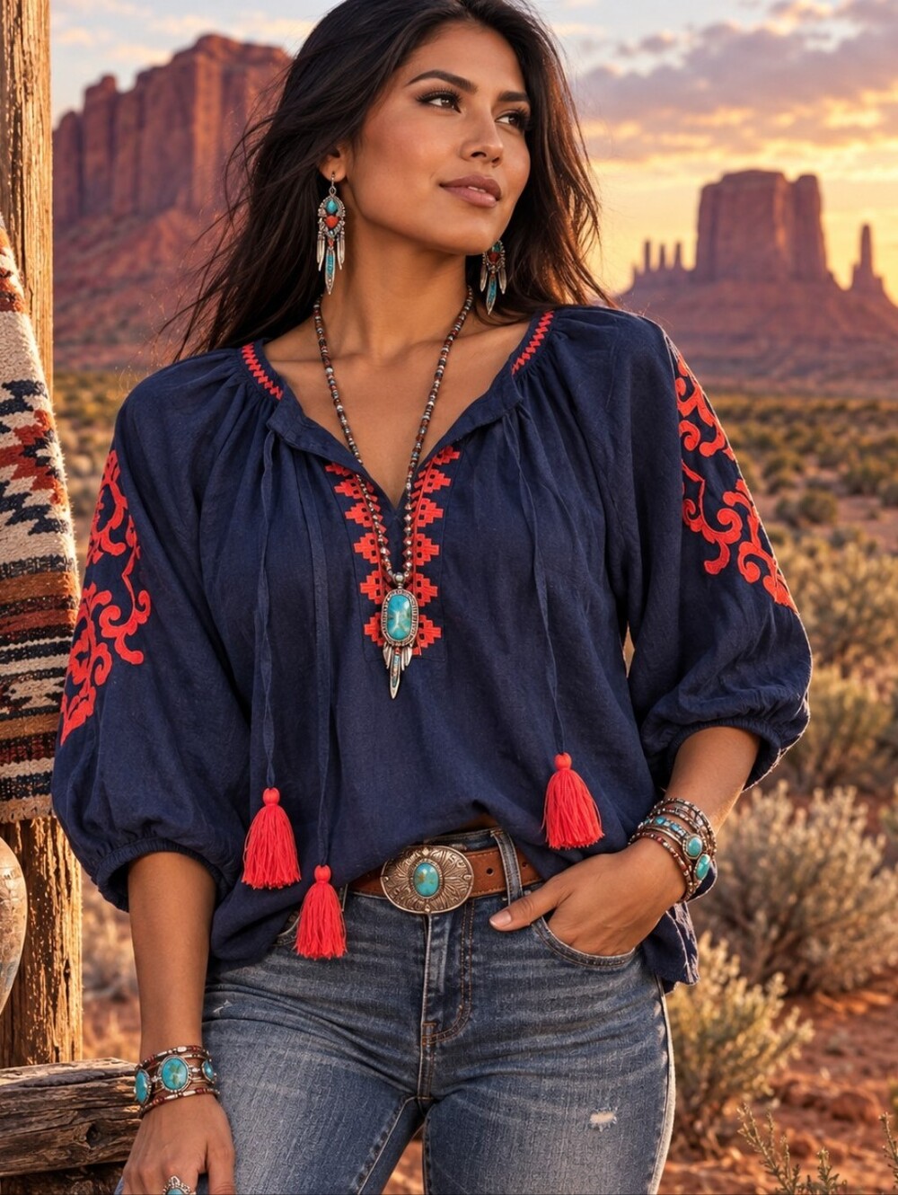 Wonderly XL NWT Navy Embroidered Peasant Blouse Boho Tassel Lyocell Linen